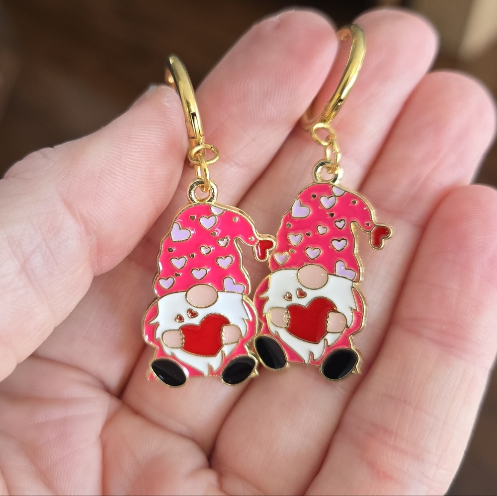 Valentine's Day Gnome Earrings, New Hand Crafted, Hypoallergenic Hoops